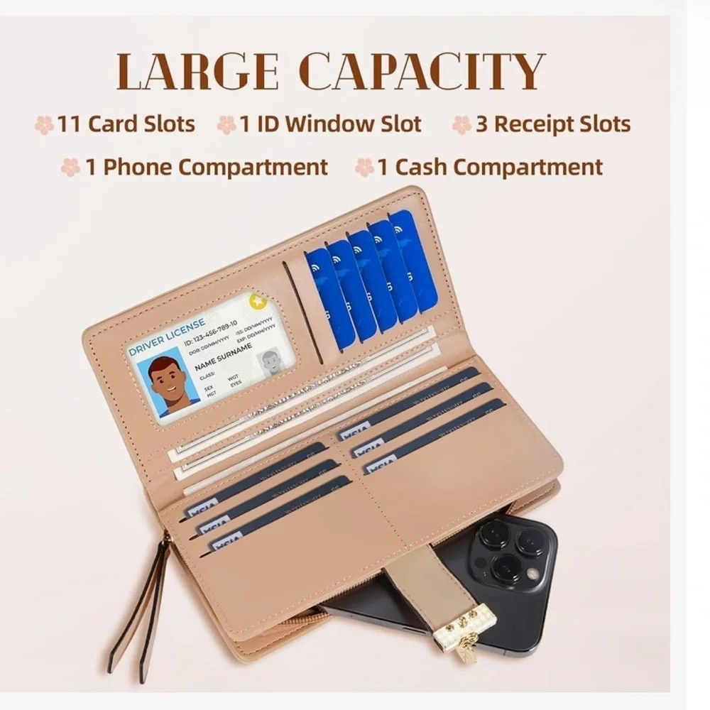 Women's Long Leaf Bifold Wallet Leather Card Holder Purse Elegant Clutch (new)